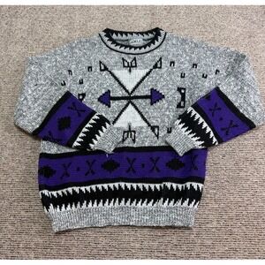 VTG 80s Adele Knitwear Sweater Tribal Arrow (M-L) Geometric Print Gray Purple RK